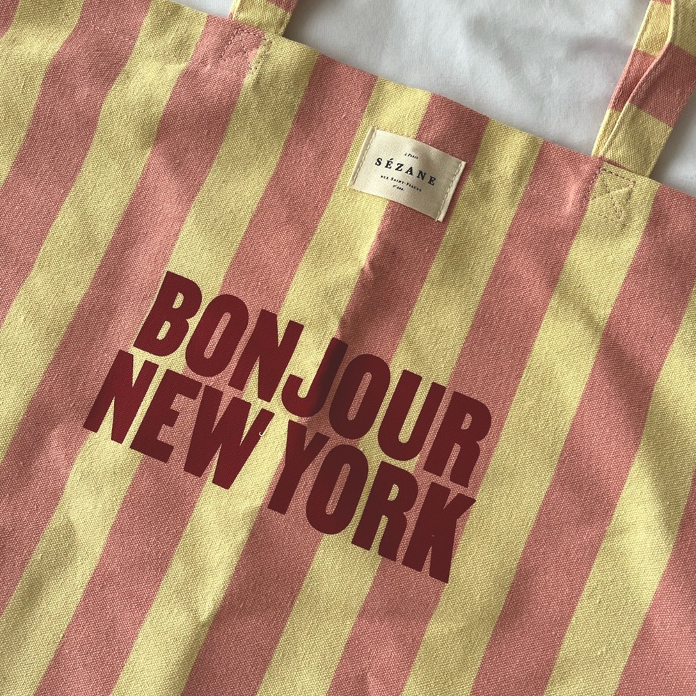 Sezane Bonjour New York Tote Bag, Pink and White Stripes